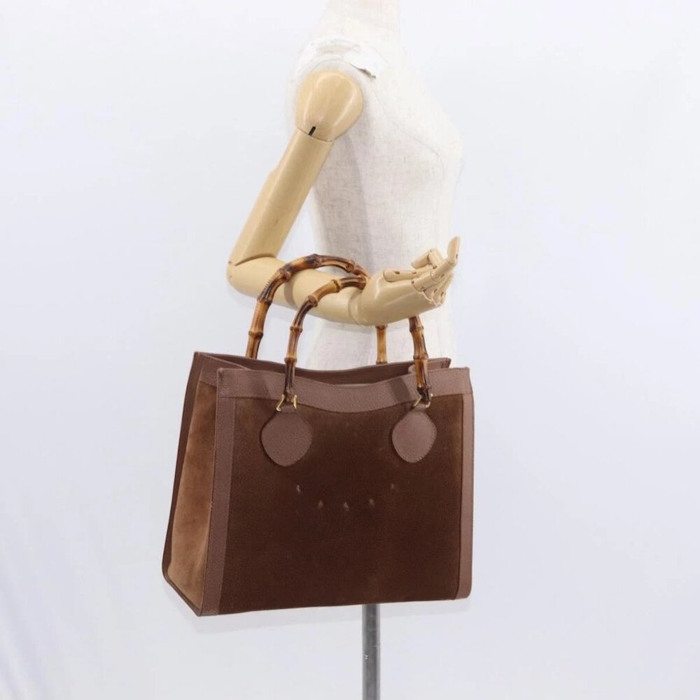 GUCCI Bamboo Hand Bag Suede Brown Gold 002 1186 2060 Auth 155190